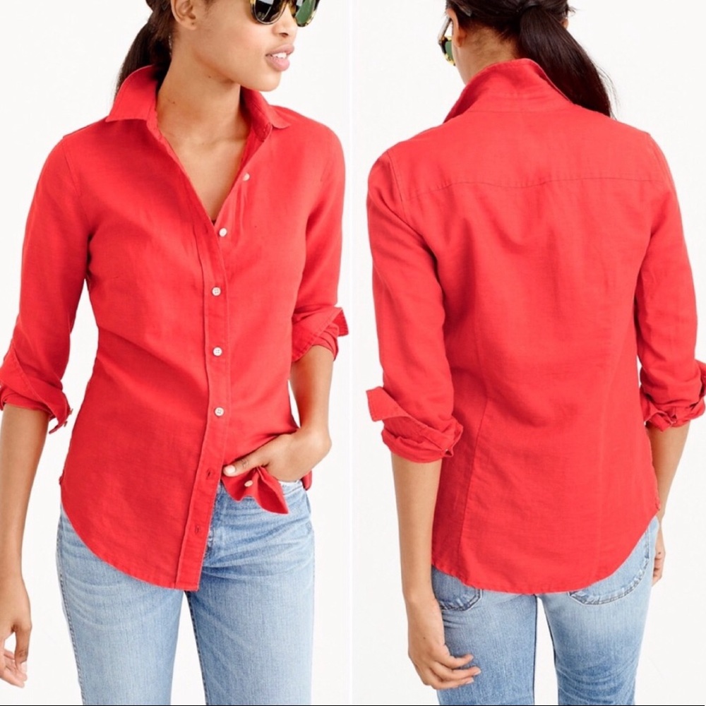 J. Crew Coral Linen Perfect Fit Button Dow…